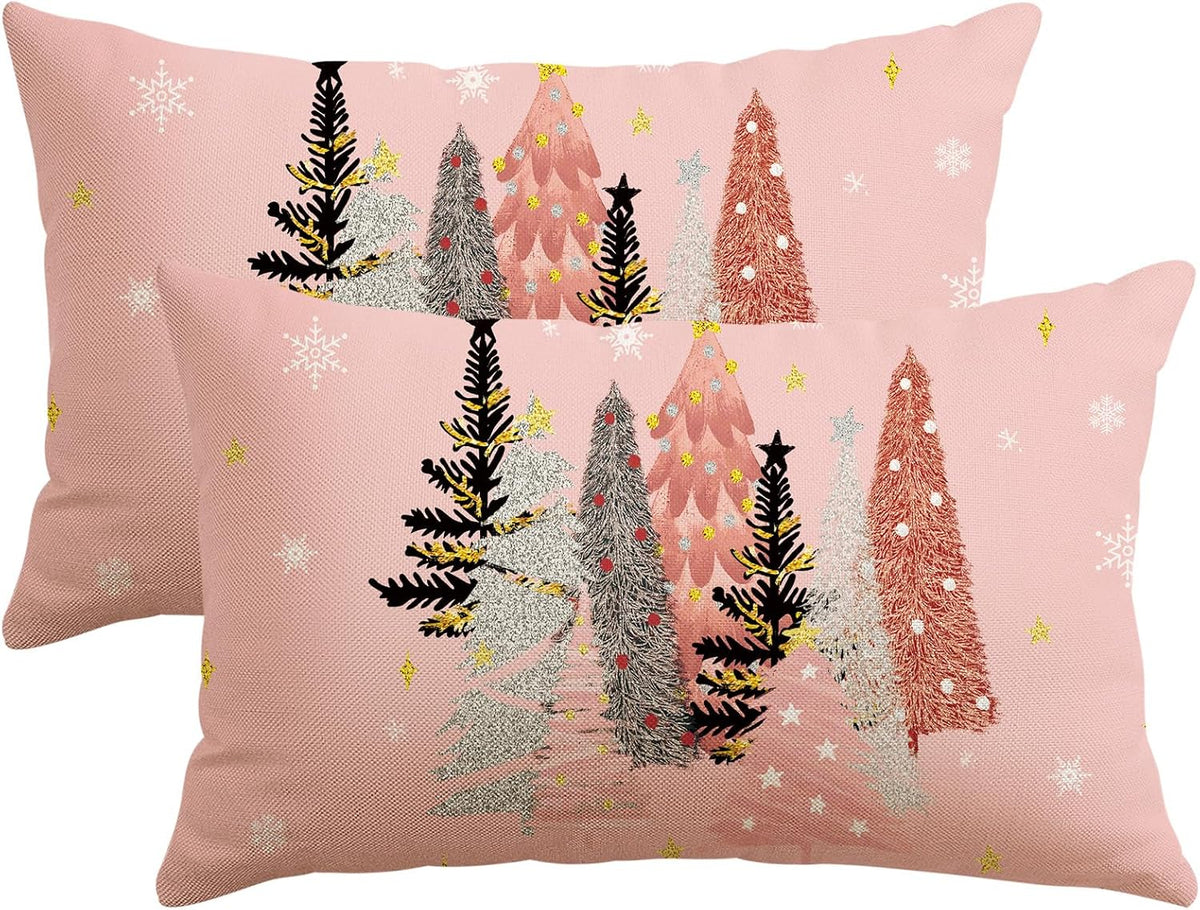 Christmas Throw Pillow Covers 12x20 Inch Set of 2 Christmas Tree Snowflake Pink Pillow Cases Winter Holiday Xmas Decorative Cushion Covers for Sofa Bed Couch