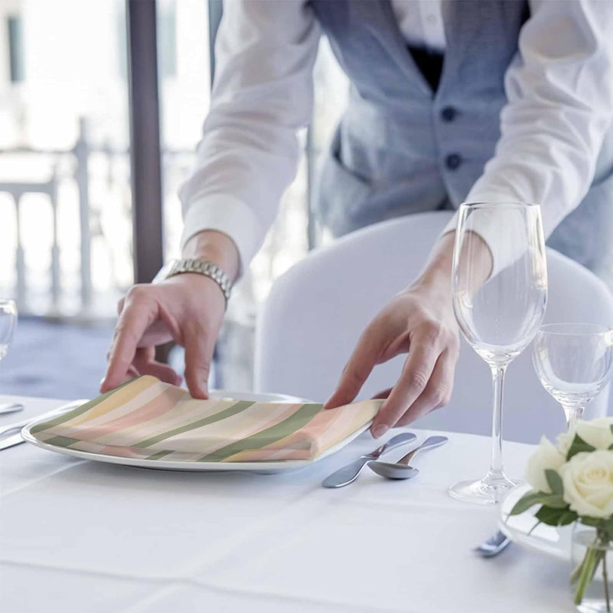 Cloth Napkins Set of 4, Light Green Pink Stripes Dinner Napkins Soft Absorbent Table Napkin for Home Cocktail Party Wedding, Low Saturation Colorful Pattern