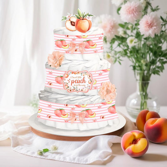 Peach Theme Baby Shower Diaper Cake Decorations, A Sweet Peach Is on the Way Pink Peach Card, Peach Grosgrain Ribbon Artificial Flower Pink Bows Decor for Fruit Baby Shower Party Supplies