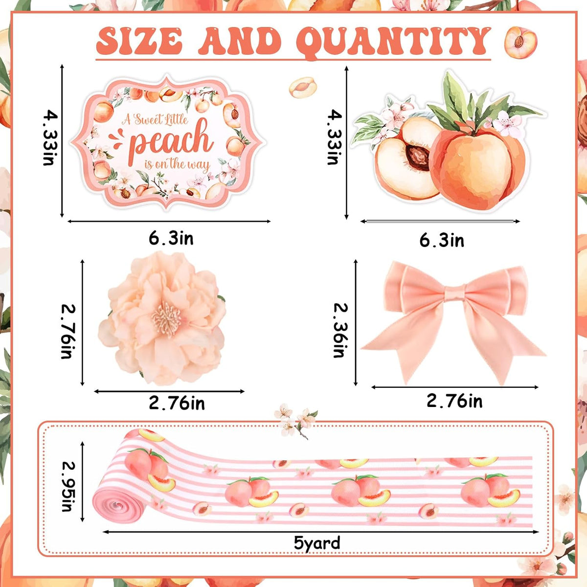 Peach Theme Baby Shower Diaper Cake Decorations, A Sweet Peach Is on the Way Pink Peach Card, Peach Grosgrain Ribbon Artificial Flower Pink Bows Decor for Fruit Baby Shower Party Supplies