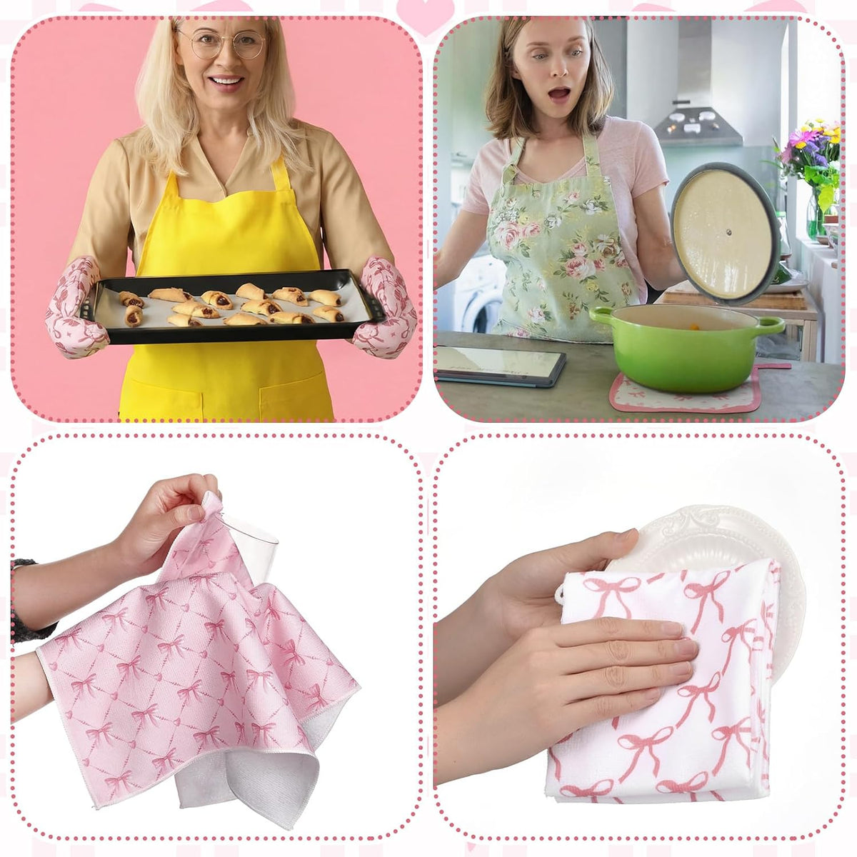 10 Pcs Pink Bow Kitchen Dish Towels Rugs Oven Mitts and Pot Holders Set Pink Bow Coquette Farmhouse Kitchen Decor Set for Women Mom Daughter Gift Cooking Baking