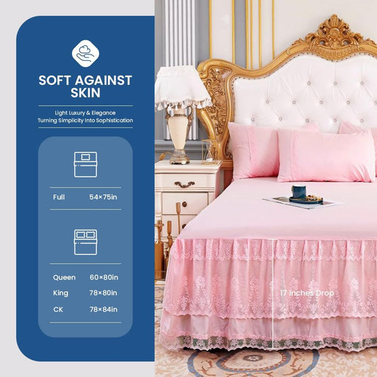 Double Layer Ruffled Lace Bed Skirt for Queen Size Bed - 17 Inch Drop, Dust Ruffle Bedskirts, Wrinkle & Fade Resistant