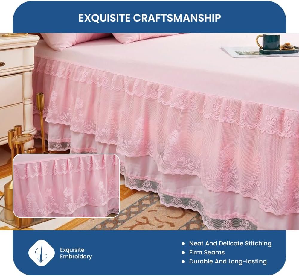 Double Layer Ruffled Lace Bed Skirt for Queen Size Bed - 17 Inch Drop, Dust Ruffle Bedskirts, Wrinkle & Fade Resistant