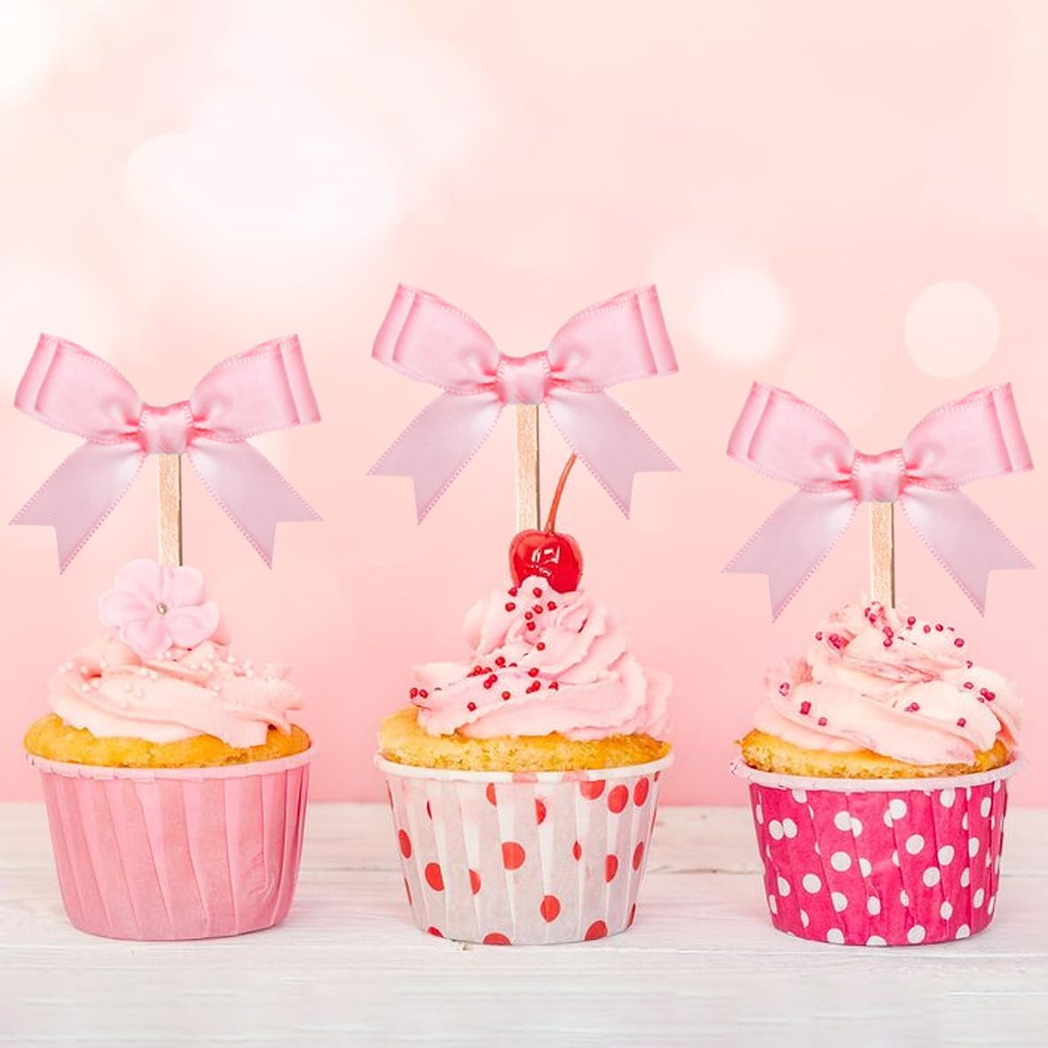 24Pcs Pink Bow Cupcake Toppers Bow Birthday Decorations