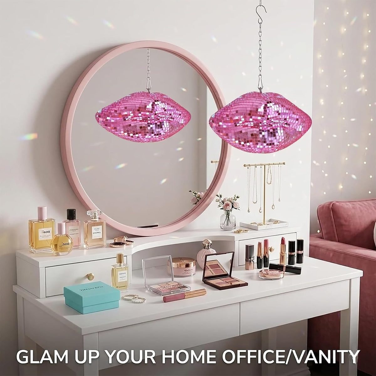 Pink Disco Lips, Hanging Disco Ball Decor 8''
