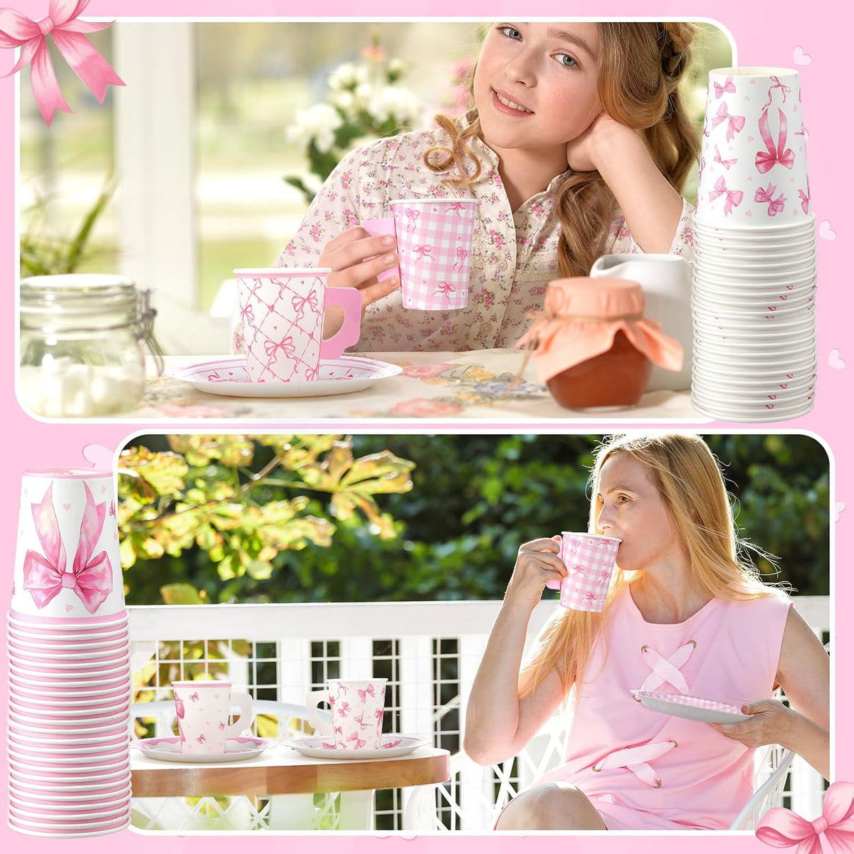 144 Pcs Pink Bow Party Supplies Kits Bachelorette Party Decorations Include Pink Paper Plates Napkins Cups Coquette Disposable Tableware Dinnerware for Girls Birthday Bridal Shower