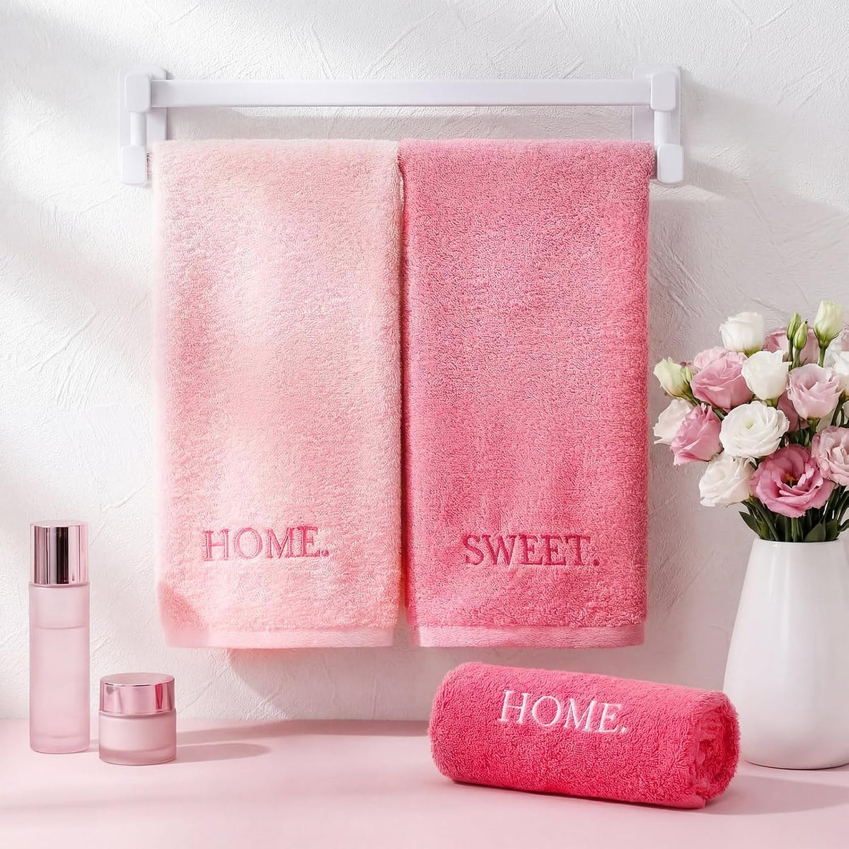 3 Pcs Pink Decorative Hand Towels for Bathroom, Home Sweet Home