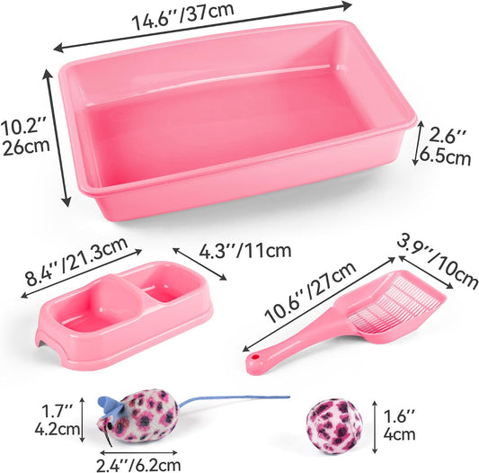Newborn Small Cat Litter Box Kit for Kittens – 5‑Piece Kit with Low Entry Litter Pan, Scooper, Feeding Bowls & Mouse Toy – Cat Starter Set for New Kitty Home, Pink