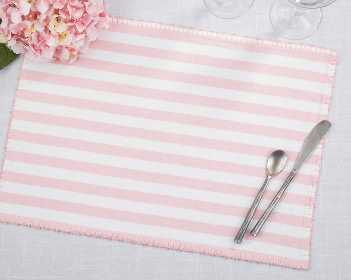 Classic Striped Whipstitch Pom Pom Placemat (Set of 4), Pink, 14"x20"