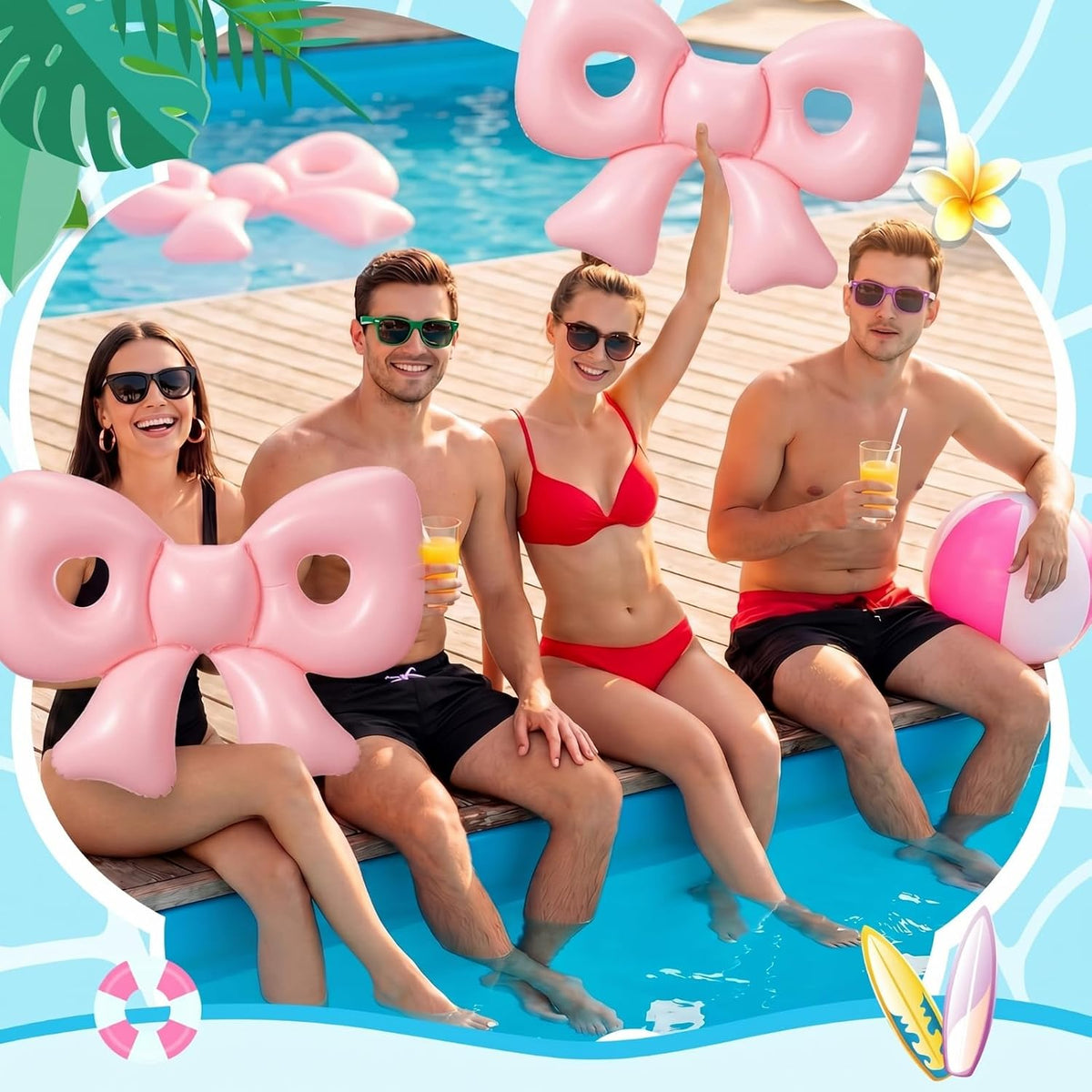 Inflatable 6 Pcs Pink Bow Pool Floats with Pump for Adults, Large Pink Bow-heart PVC Balloons Pool Party Decor for Summer Swimming Birthday Wedding Baby Shower Gender Reveal Bridal