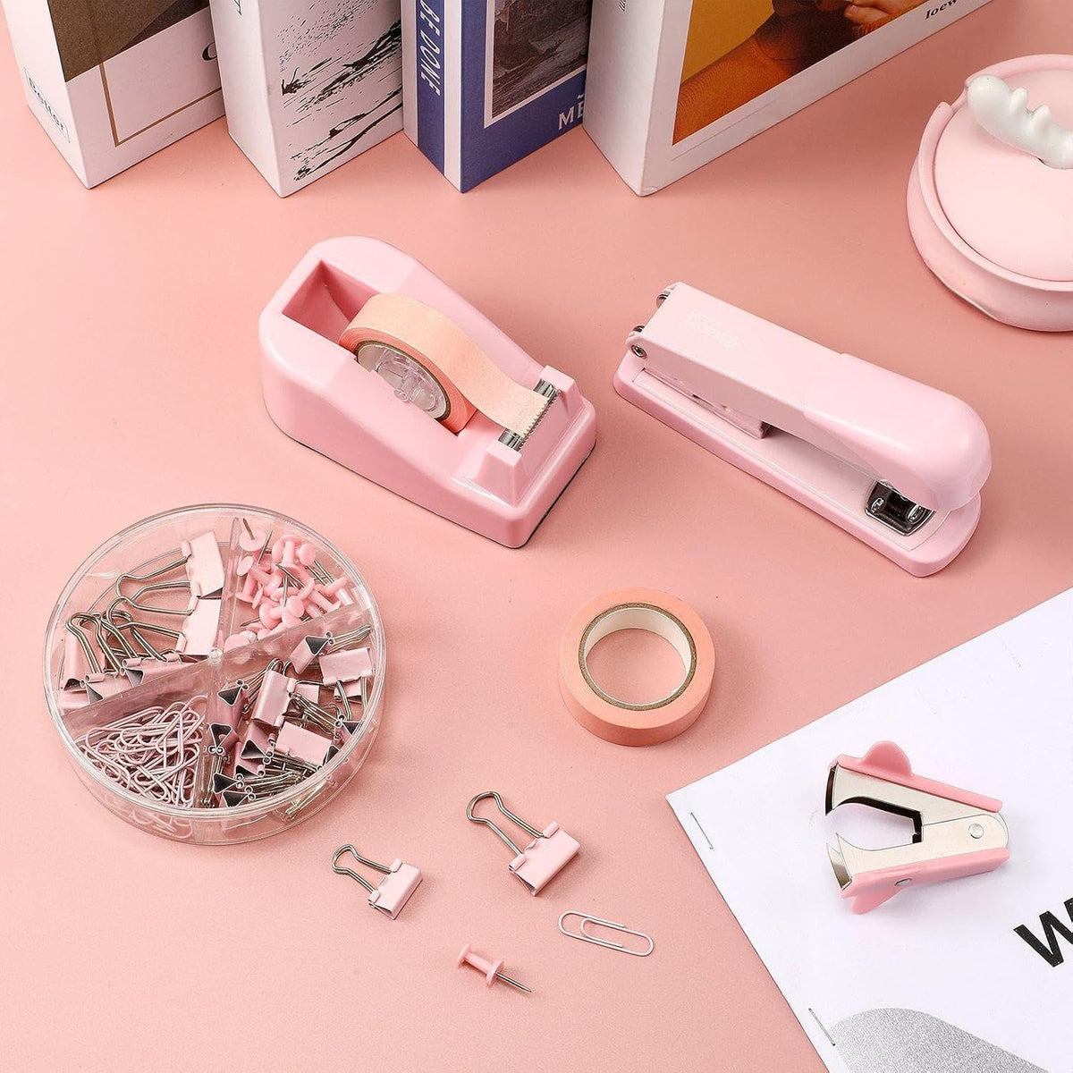 Office Supplies Set Desk Accessory Kit Include Stapler, Staples, Staple Remover, Tape Dispenser, 22 Binder Clips, 30 Paper Clips, 20 Push Pins, 2 Rolls Tape, for Women (Pink)