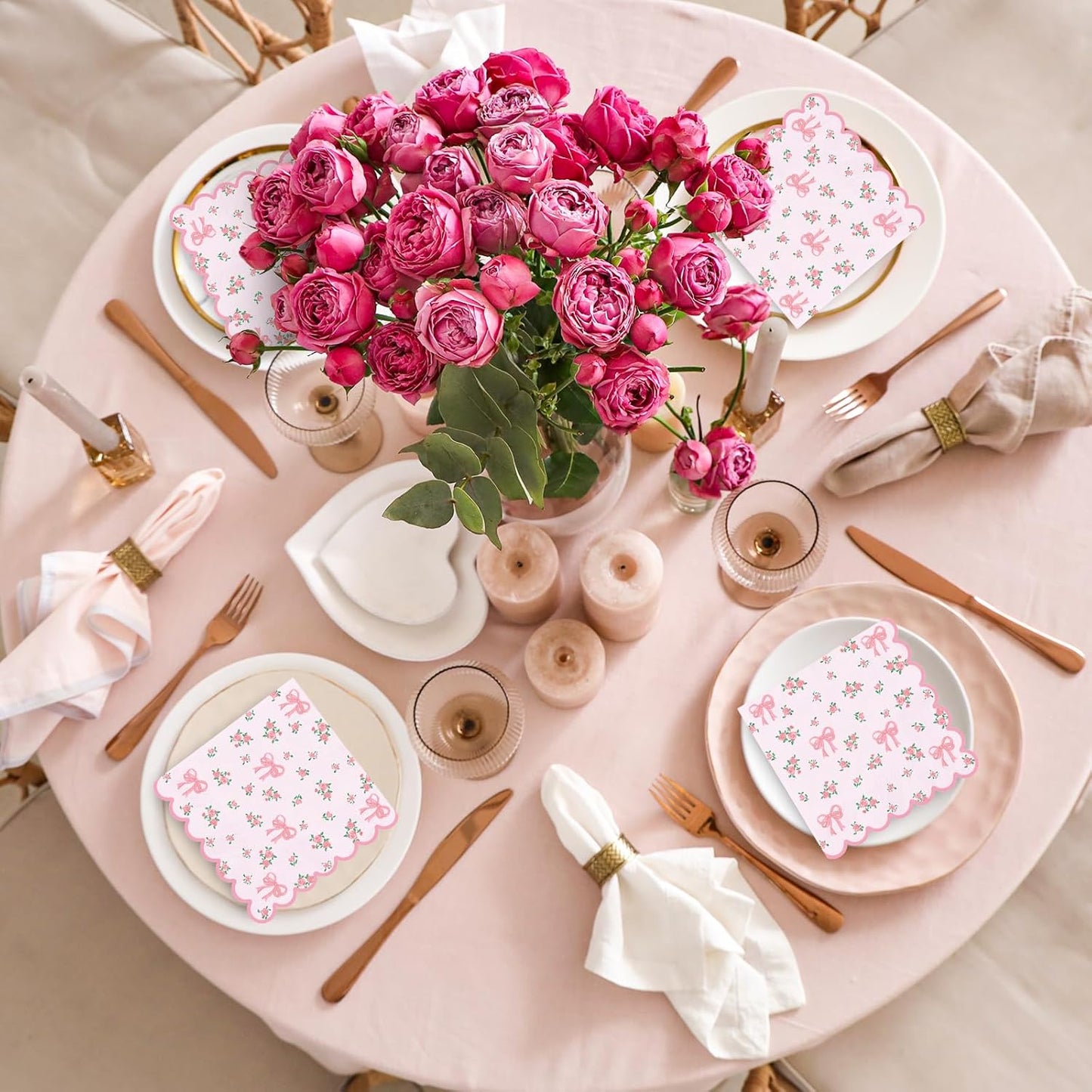 FYSUIMU 50Pcs Floral Bow Paper Napkins Pink Bowknot Flower Luncheon Napkin Scalloped Coquette Cute Disposable Dinner Napkins for Spring Wedding Bridal Shower Home Party Supplies