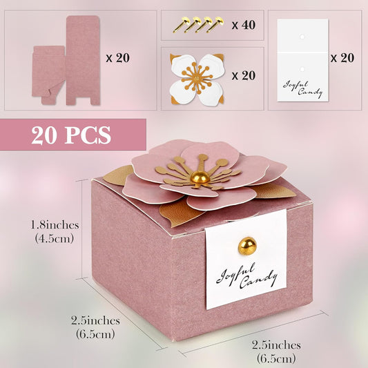 Linkidea 20 Pcs Pink Floral Folding Candy Gift Boxes 2.55" x 2.55" x 1.77" for Wedding Favors, Elegant Party Thank You Boxes with Tags