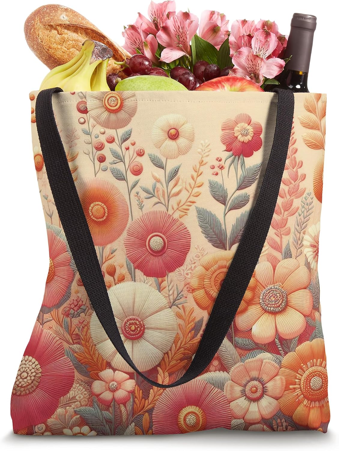 Retro Flowers Meadow Floral Groovy 70s Peach Pink Tote Bag