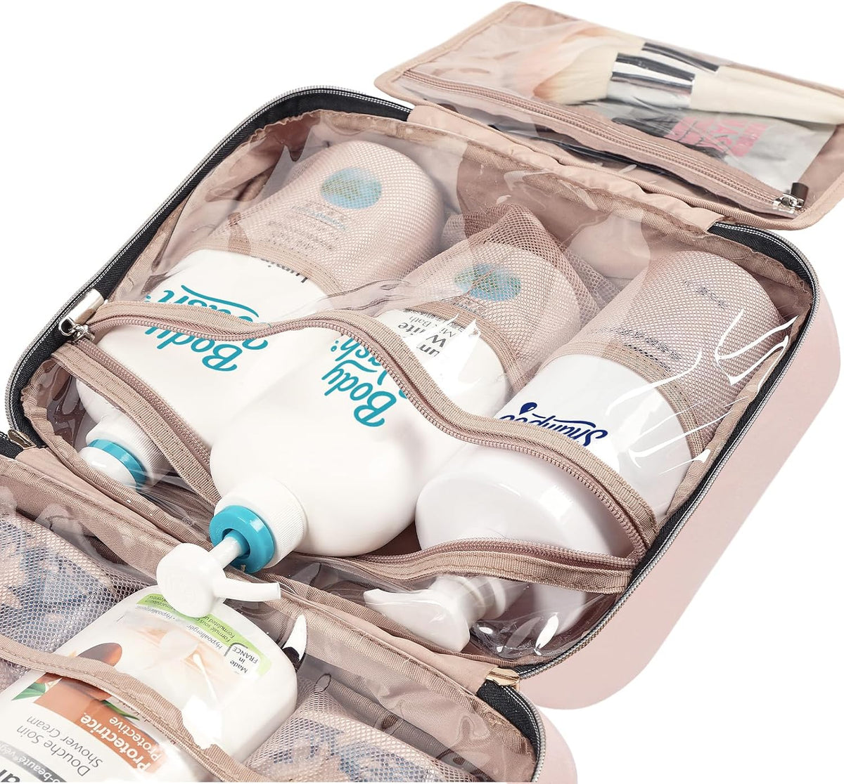 Travel Toiletry Bag for women, Portable Hanging Organizer for Family-Sized Shampoo, Conditioner, Brushes Set, Makeup Accessories, Extra Large Size, Pink