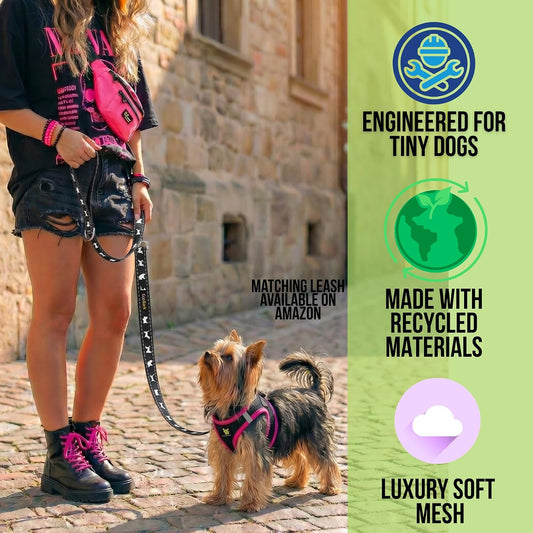 Step in Dog Harness - Eco-Friendly Teacup Dog Harnesses for XXS, XS, and Small Dogs - Reflective and Adjustable Mini Body Halter Vest -Tiny Soft Mesh Toy Breed Harness (XXXS, Black and Pink)