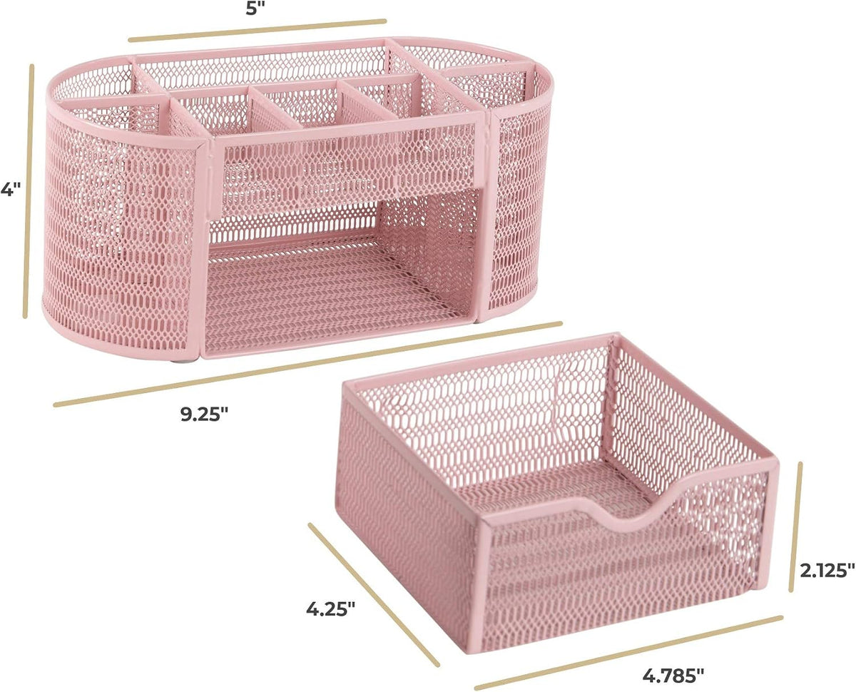 Pink Desk Organizers Metal Mesh Stationery Holder | Wire Mesh Desk Organizer with Compartments | Desk File Folder Organizer for Office Accessories