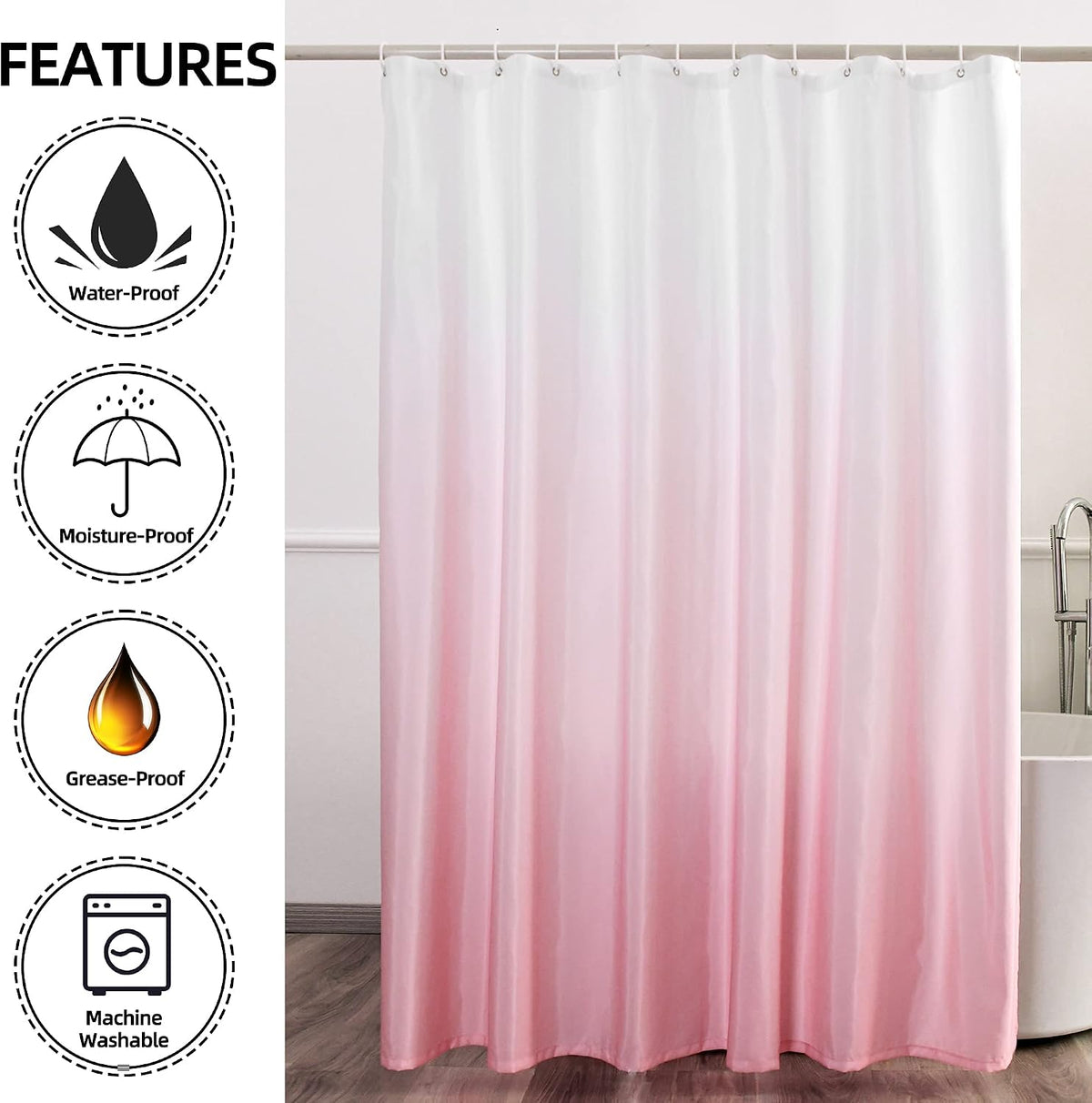 Pink Ombre Shower Curtain Set for Bathroom, 72" W x 72" L
