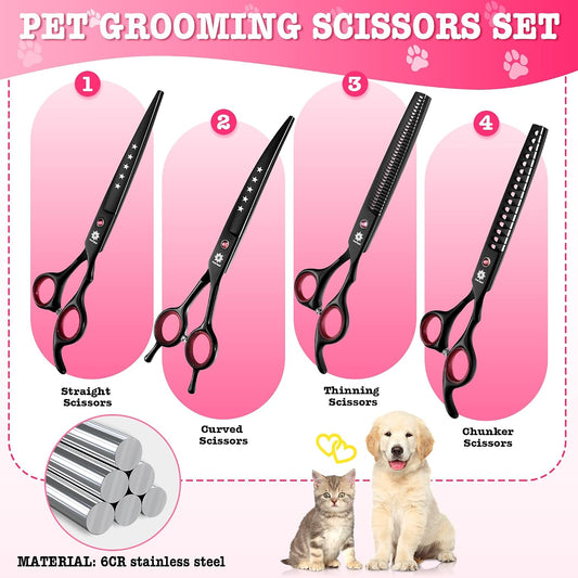 Dog Grooming Scissors - 7" Professional 6 in 1 Sharp Dog Shears Set Thinning, Chunker, Straight, Curved Shears and Comb for Dog Cat Pet, Pink