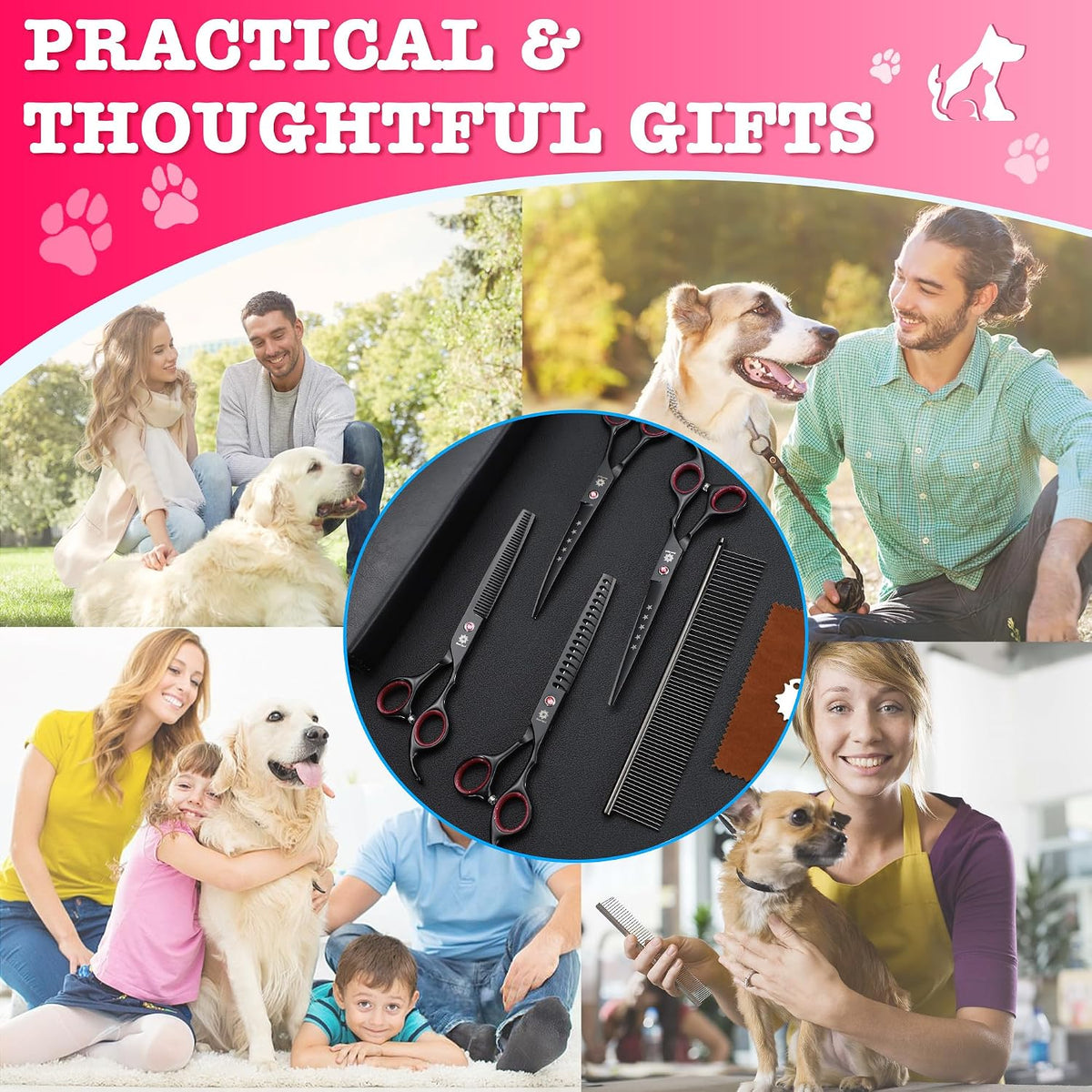 Dog Grooming Scissors - 7" Professional 6 in 1 Sharp Dog Shears Set Thinning, Chunker, Straight, Curved Shears and Comb for Dog Cat Pet, Pink