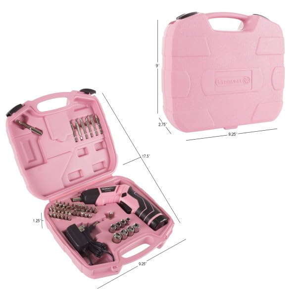 Pivoting Electric Screwdriver - 45-Piece Pink Tool Set - Cordless Power Tool with 3.6V Lithium Battery and LED Flashlights (Pink)