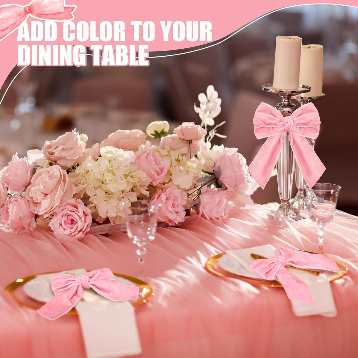 12 Pcs Bow Napkin Rings Set, Velvet Napkin Holders Buckles 4 x 4.9 Inch Serviette Rings for Family Dinner, Wedding, Party, Banquet, Table Decorations (Pink)