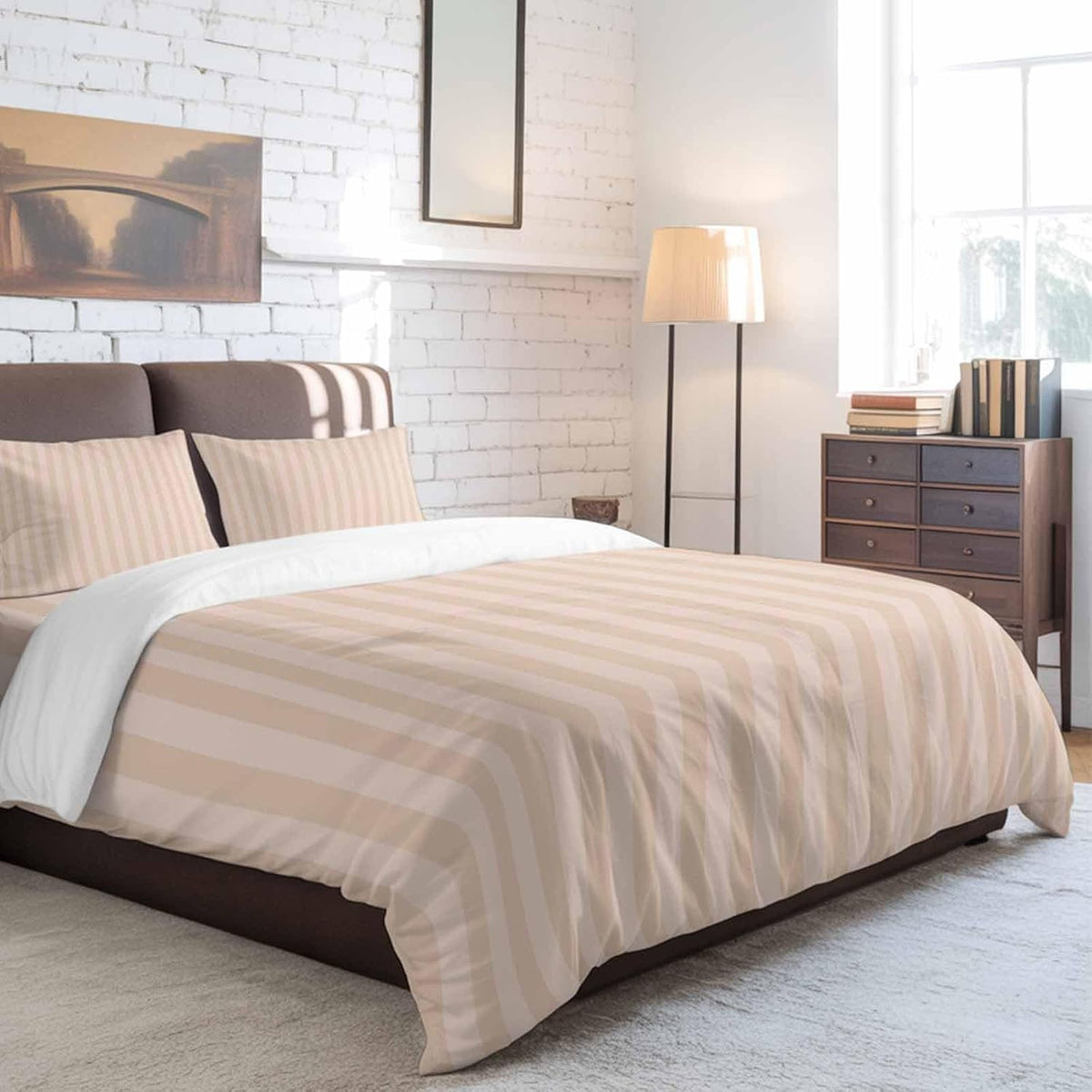 Peach Pink Stripes Duvet Cover Twin Size Bedding Set 4 Pieces, 1 Comforter/Quilt Cover and 2 Pillow Covers with Zipper Closure, 1 Bed Printed Flat Sheet Modern Vertical Lines Geometric Simple