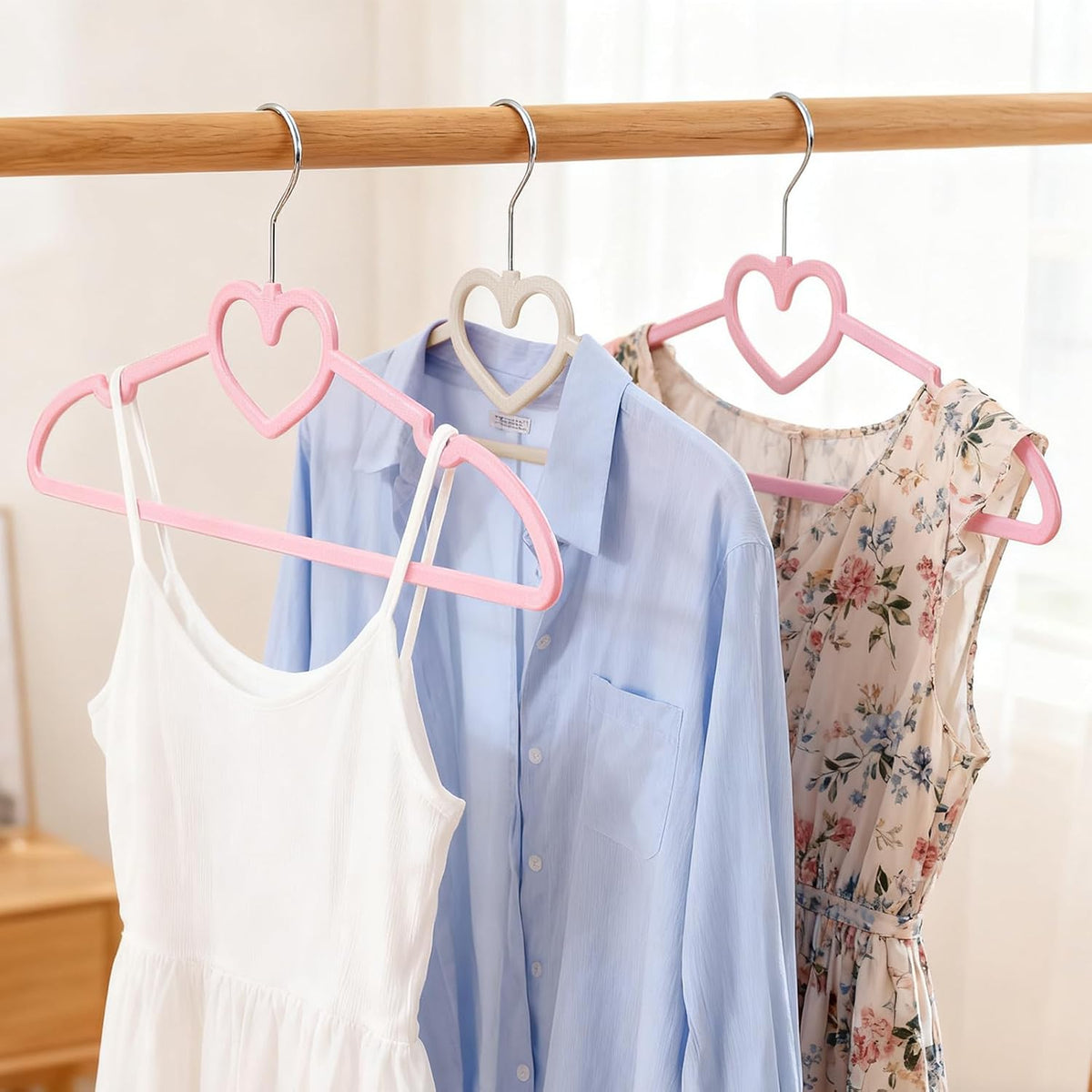 50 Pcs Pink & White Plastic Hangers, Cute Heart Slim Hanger with 360 Degree Swivel Hook, Strong Clothes Hangers with Stackable Hanging Design for Dress, Shirt, Coat