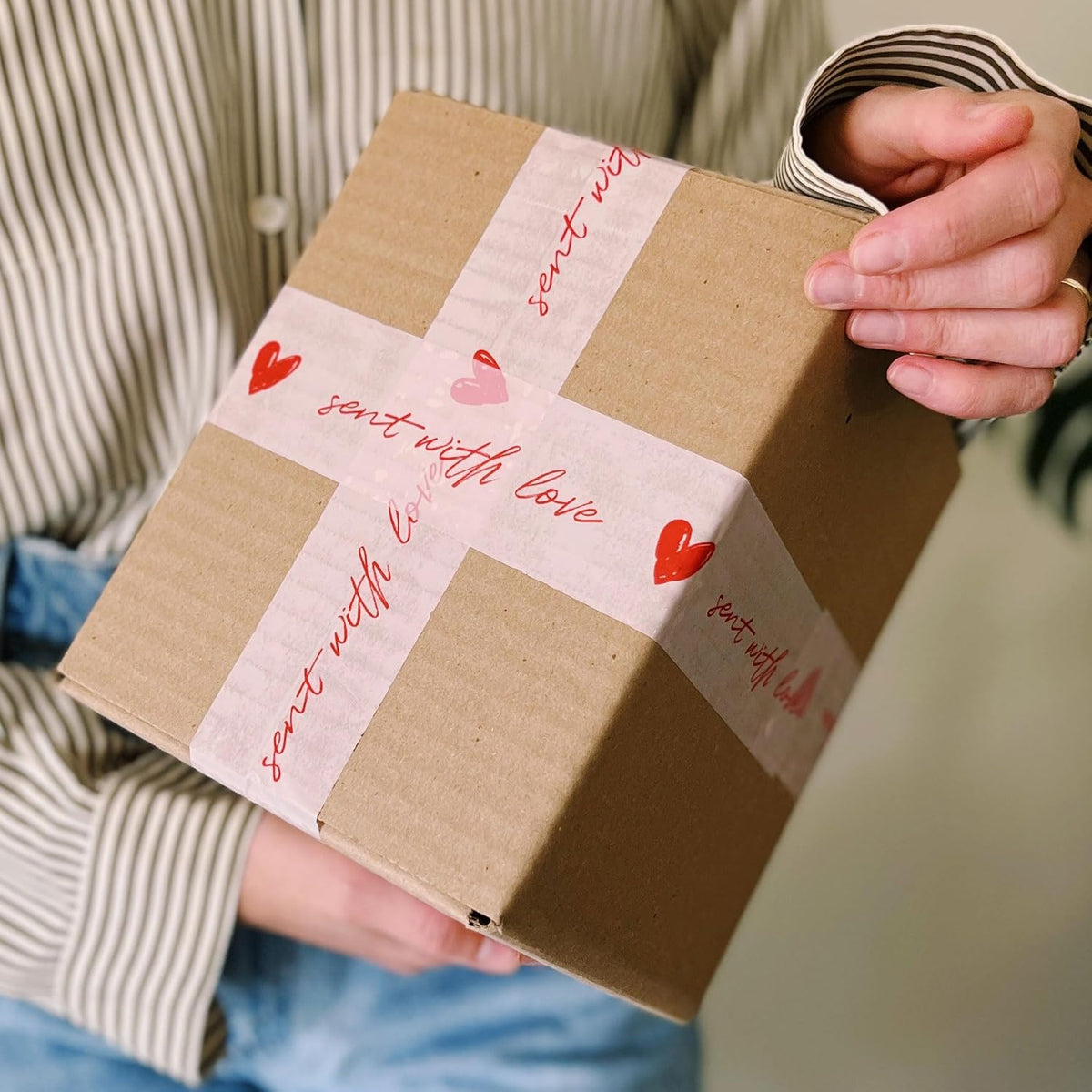 Cute Decorative Packing Tape - Sent with Love Handwritten Script Pink Red Heart, Fun Cute Designer Printed Packaging and Shipping Box Tape, 1.88" x 110 Yards (330 feet)