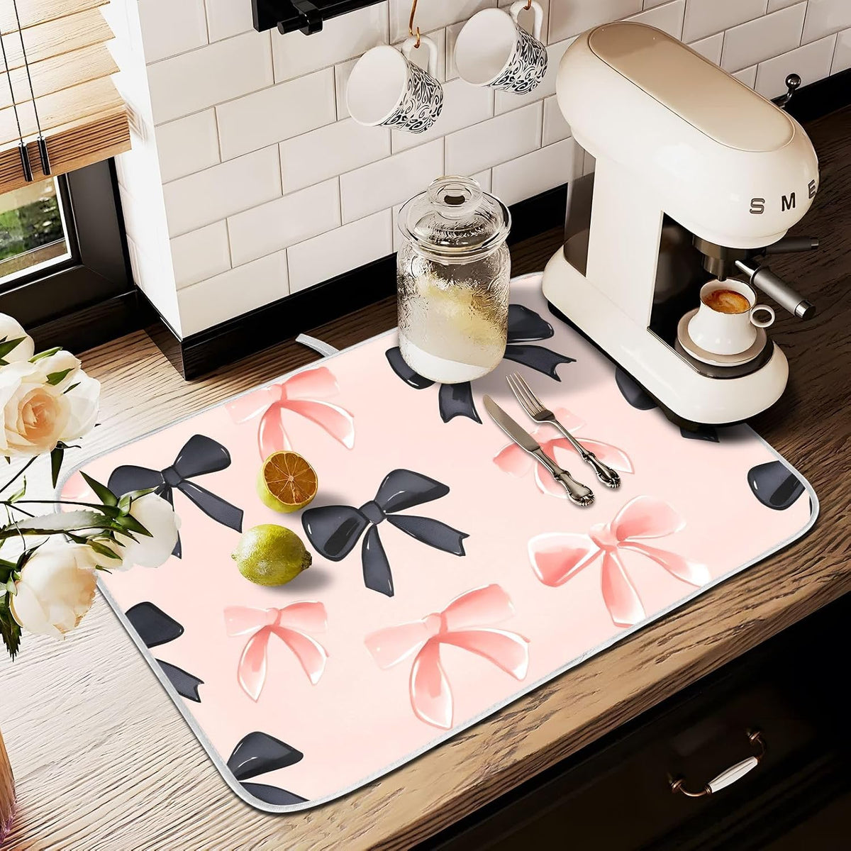 Pink Black Bows Dish Drying Mat Kitchen Counter Mats Dish Drying Pad for Dishes Absorbent 16×18in