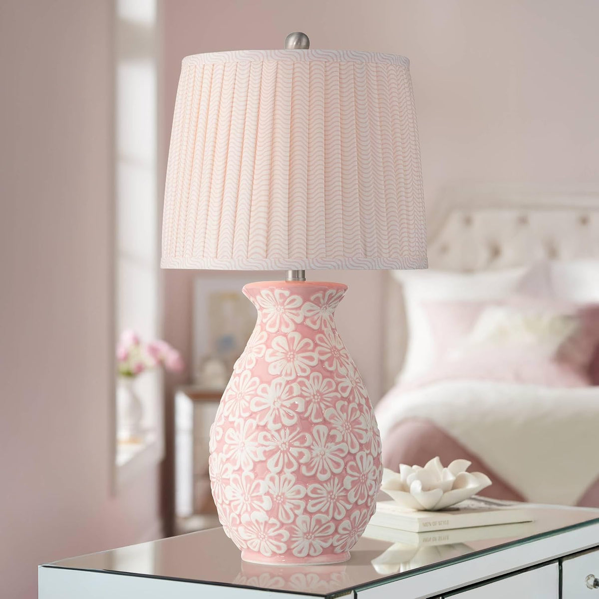 Buttercup 25" High 3-Way Table Lamp Pink White Flowers Ceramic Country