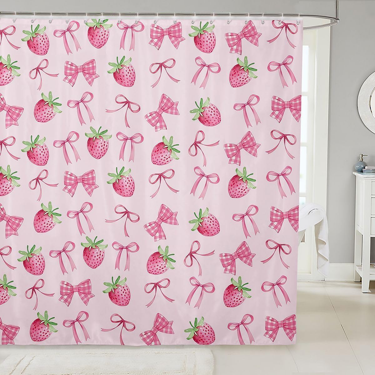 Sweet Strawberry Shower Curtain for Stalls Bathtubs Pretty Coquette Bowknots Bathroom Shower Curtain Set Cute Bows Bath Curtains Pink Green Waterproof Curtains 72x72 Inch