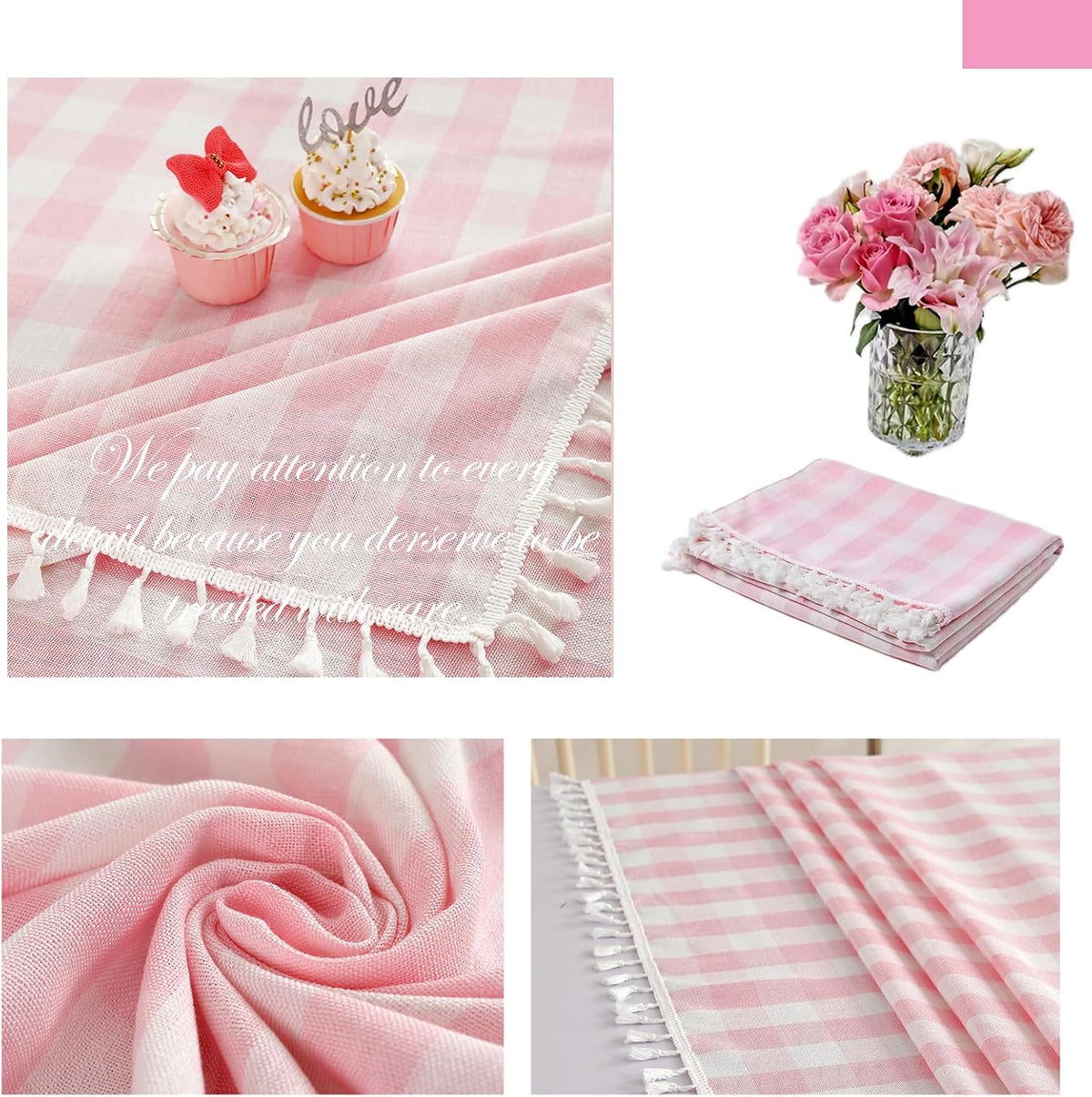Cottagecore Pink Gingham Tablecloth Rectangle 55”x70”