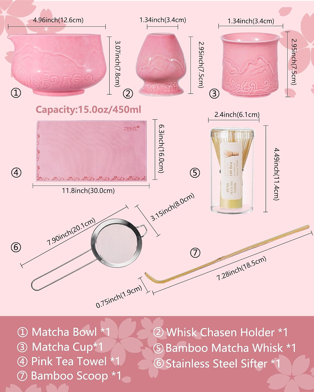 ZENS Premium Matcha Whisk Set with Blooming Cup, 7pcs Matcha Set, Pink
