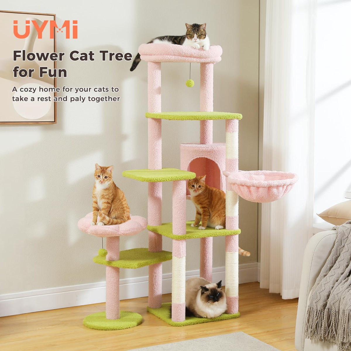 Flower Cat Tree for Indoor Cats, 59" Multi-Level Cat Tower with Condo