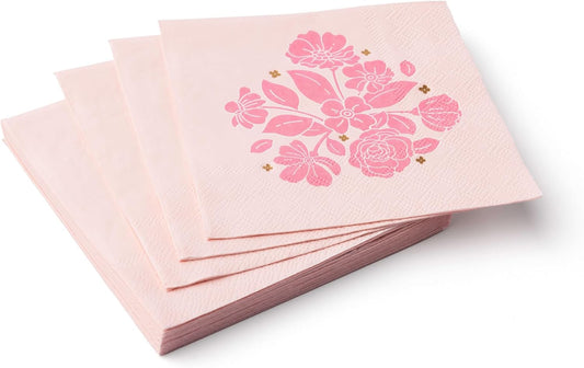 Bonjour Fête Light Pink Floral Cocktail Napkins | 3-Ply Paper Party Napkins with Gold Foil | Elegant Table Decor for Bridal Shower, Baby Shower & Tea Party | 20 Count, 5" Folded