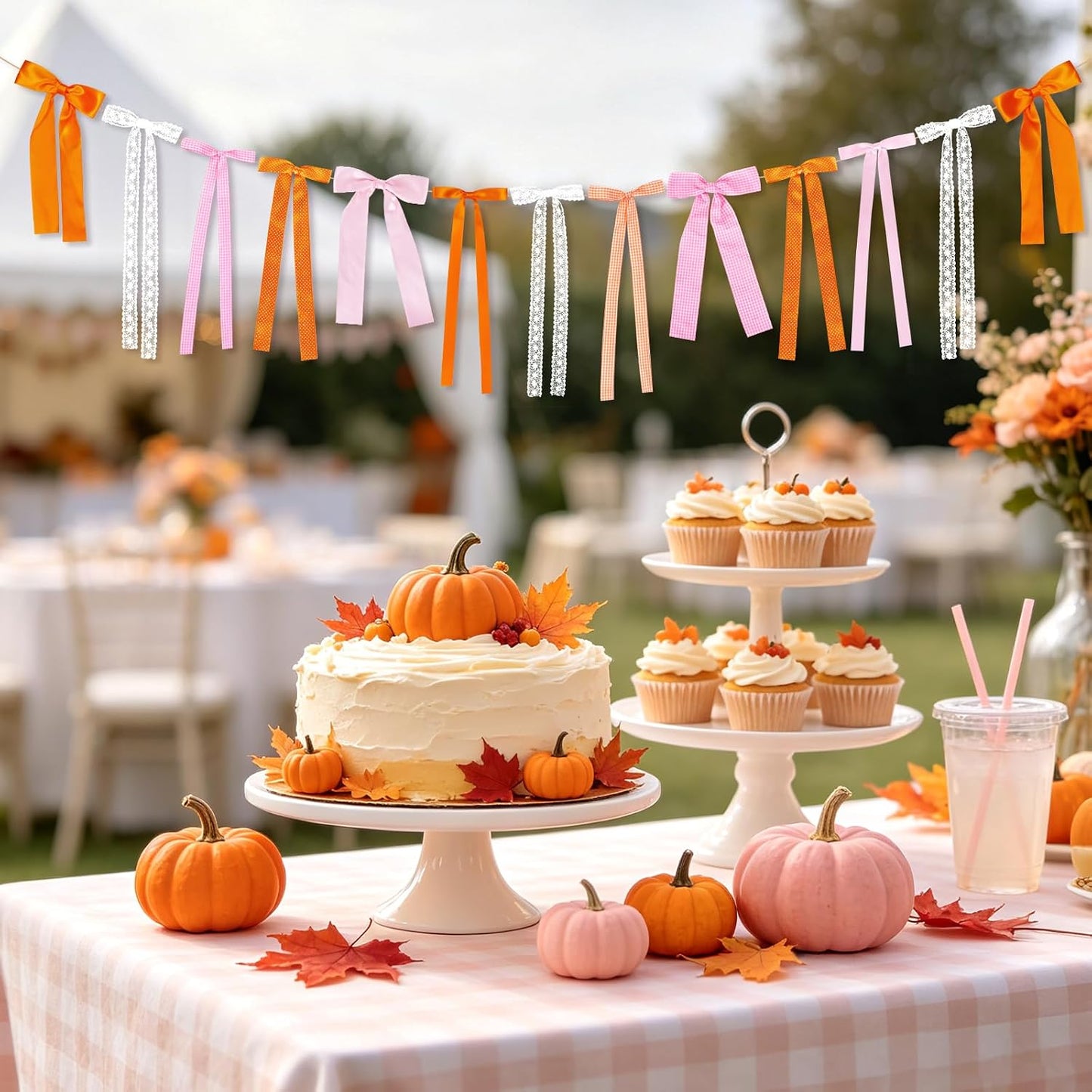 Pink and Orange Fall Bow Garland, Thanksgiving Fall Mantel Bows Garland