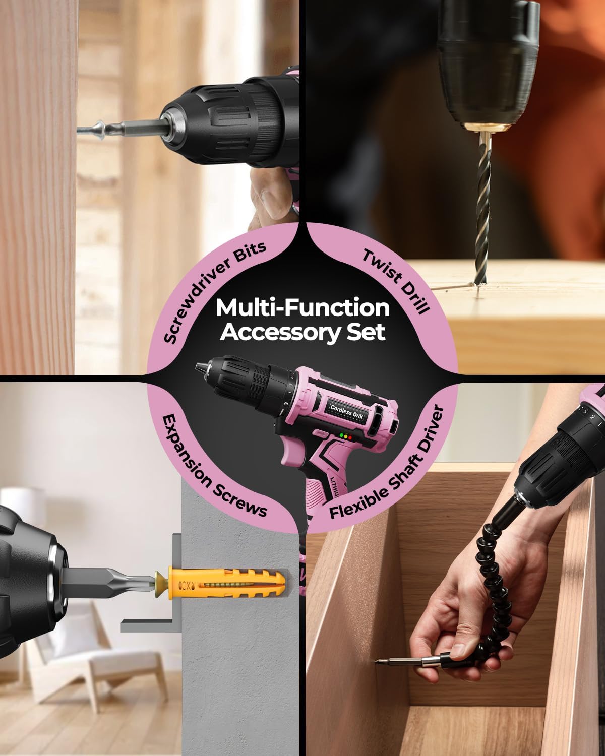 Pink Cordless Drill Set, 20V Electric Power Drill for Women, Lightweight Electric Screwdriver Driver with Power Pack & Charger, 3/8" Keyless Chuck, Womens Tool Kit for House