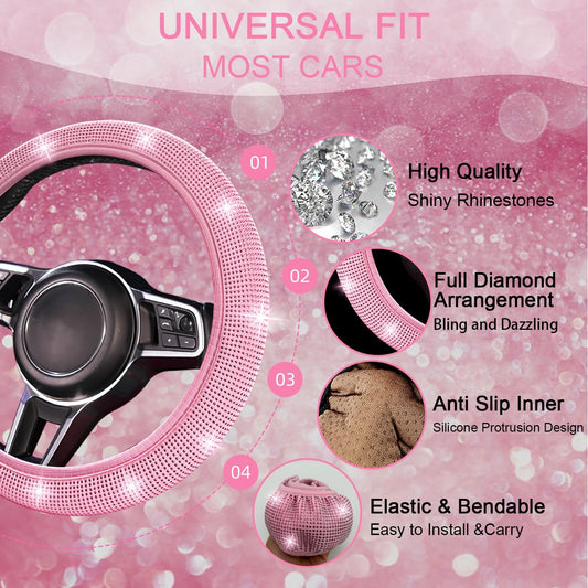 8 pcs Pink Bling Car Accessories Set for Women, Steering Wheel Cover, Sparkly Seat Belt Covers, Bling Gear Shift Cover, Universal Fit Most Cars (All Pink Diamond)