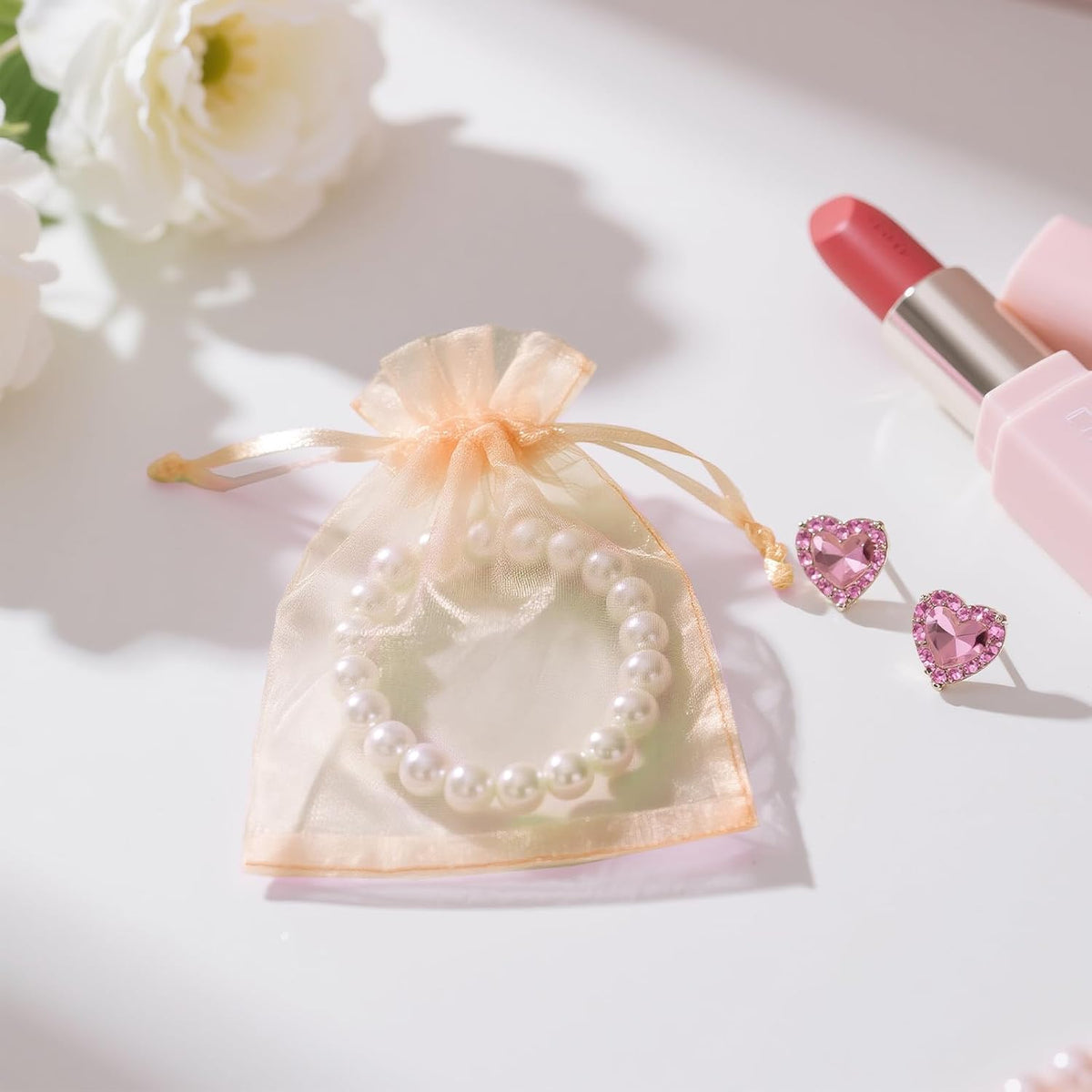 50Pcs Peach Organza Bags-2.7x3.5 In Jewelry Drawstring Mesh Pouch