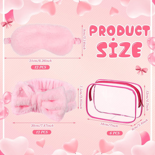 36 Pcs Sleepover Party Supplies 12 Spa Headband 12 Plush Sleep Eye Mask 12 Clear Cosmetic Bags Makeup Headband for Washing for Adult Spa Party Favor Graduation Beauty Gift(Pink)