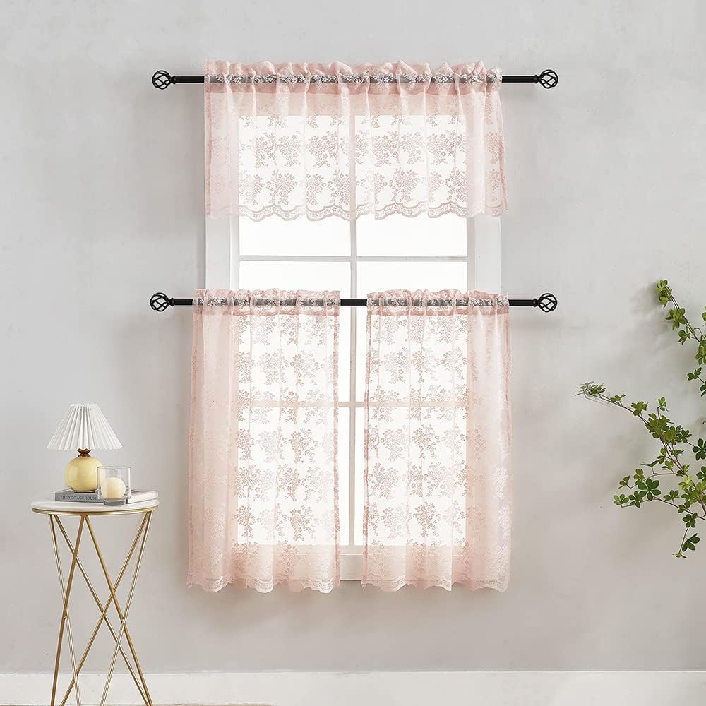 Pink Lace Valance Curtains for Windows Country Sheer Lace Curtains for Living Room Bedroom, Bathroom Macrame Valance Rod Pocket 52 W x 18 L Inch 1 Panel