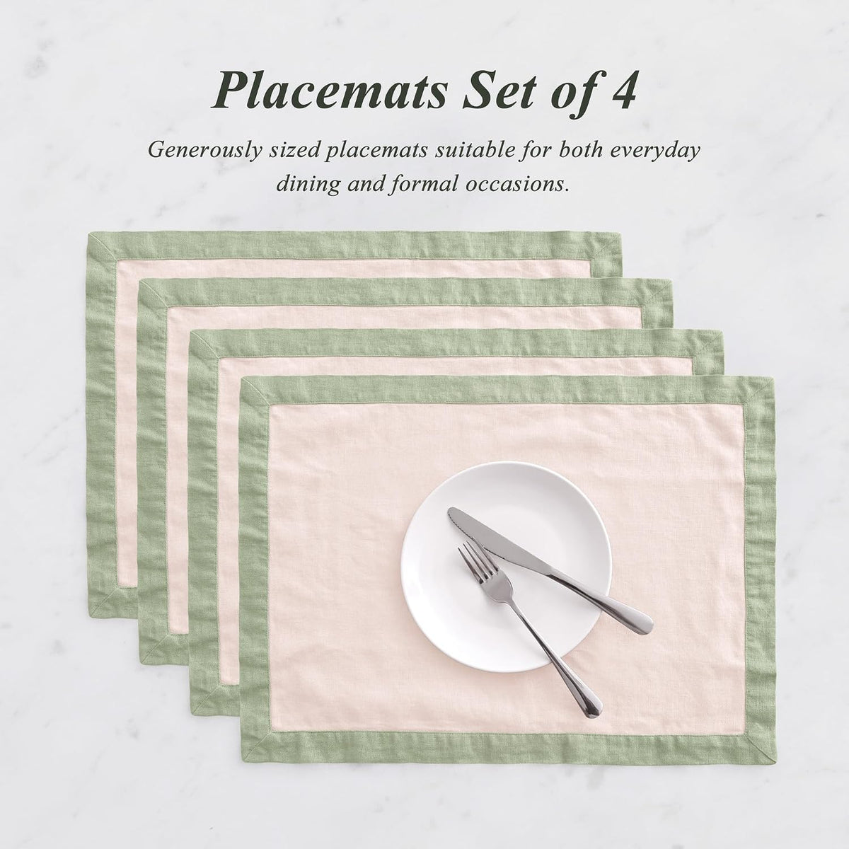 Linen World 100% French Linen Placemats Set of 4,21 x 15 Inch Double Layer Table Mats,Washable Heavyweight Placemats for Holiday Dining Kitchen Decor,Blush Pink with Sage Green Contrast Border
