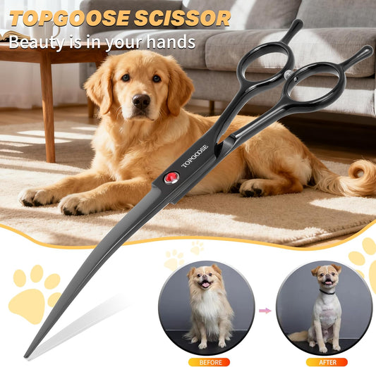 7.5" Dog Grooming Scissor - Professional Down-curved Shear with Ergonomic Handle Japanese Stainless Steel Hair Scissor for Dogs, Cats and Other Pets, Sharp (Curved,Black)