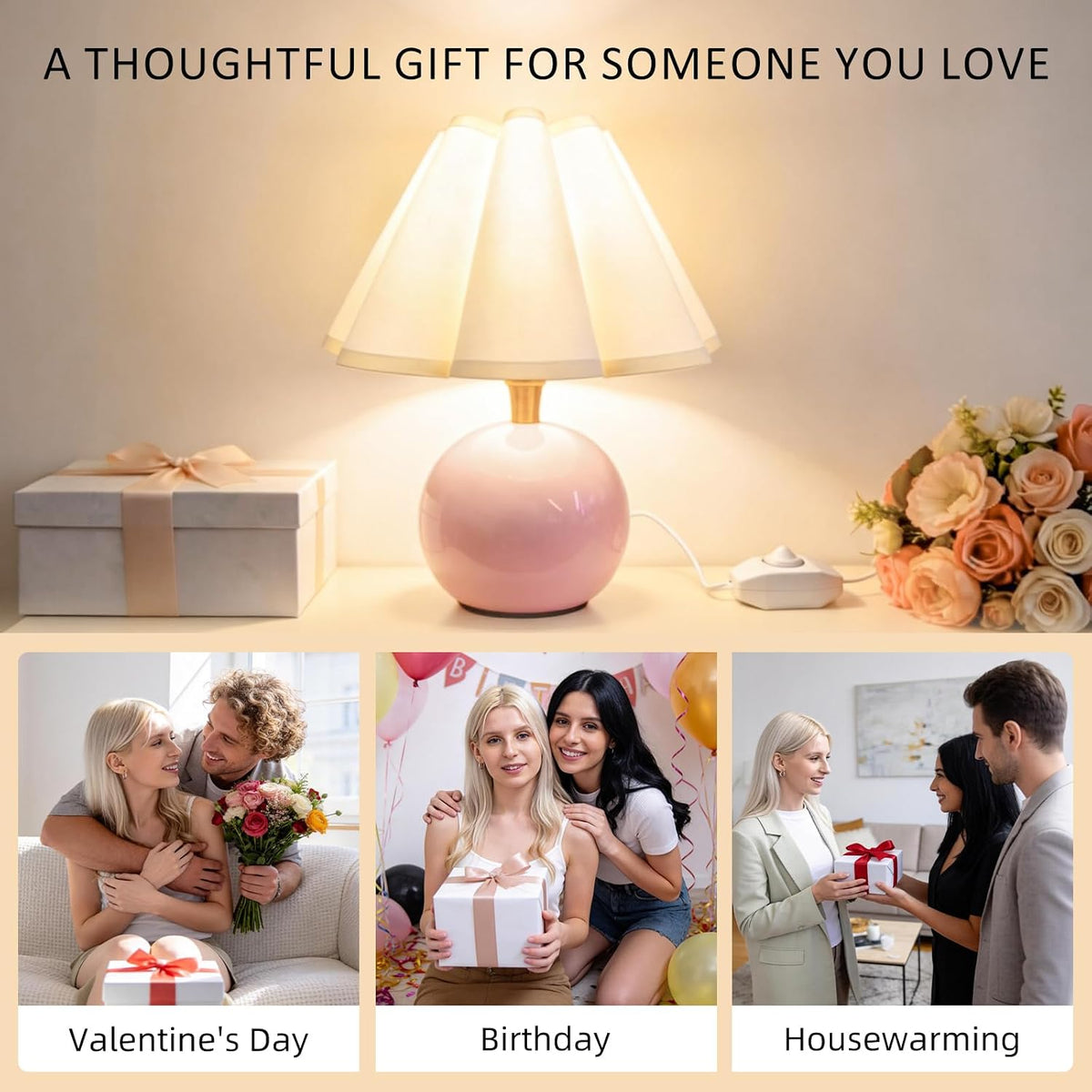 Small Bedside Table Lamp, 11.8'' Ceramic Stepless Dimmable Lamp (Pink)