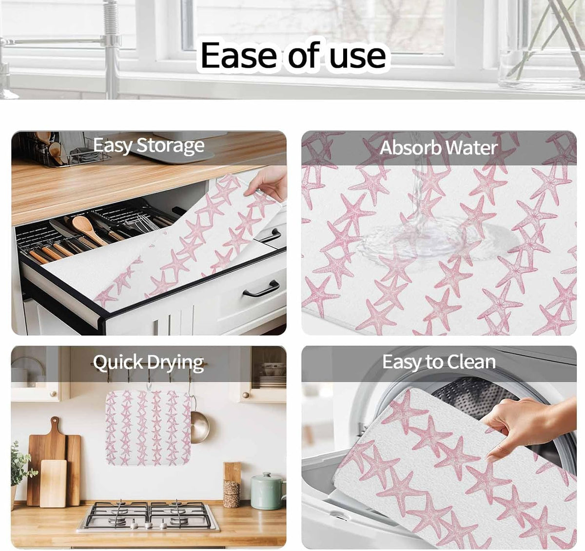 Light Pink Starfish Coastal Dish Drying Mat for Kitchen Counter, Microfiber Dishes Drainer Mat Rack Pad, Nautical Summer Ocean Modern Absorbent Dish Bottle Drying Mats, 18''x24'', 2 Pack
