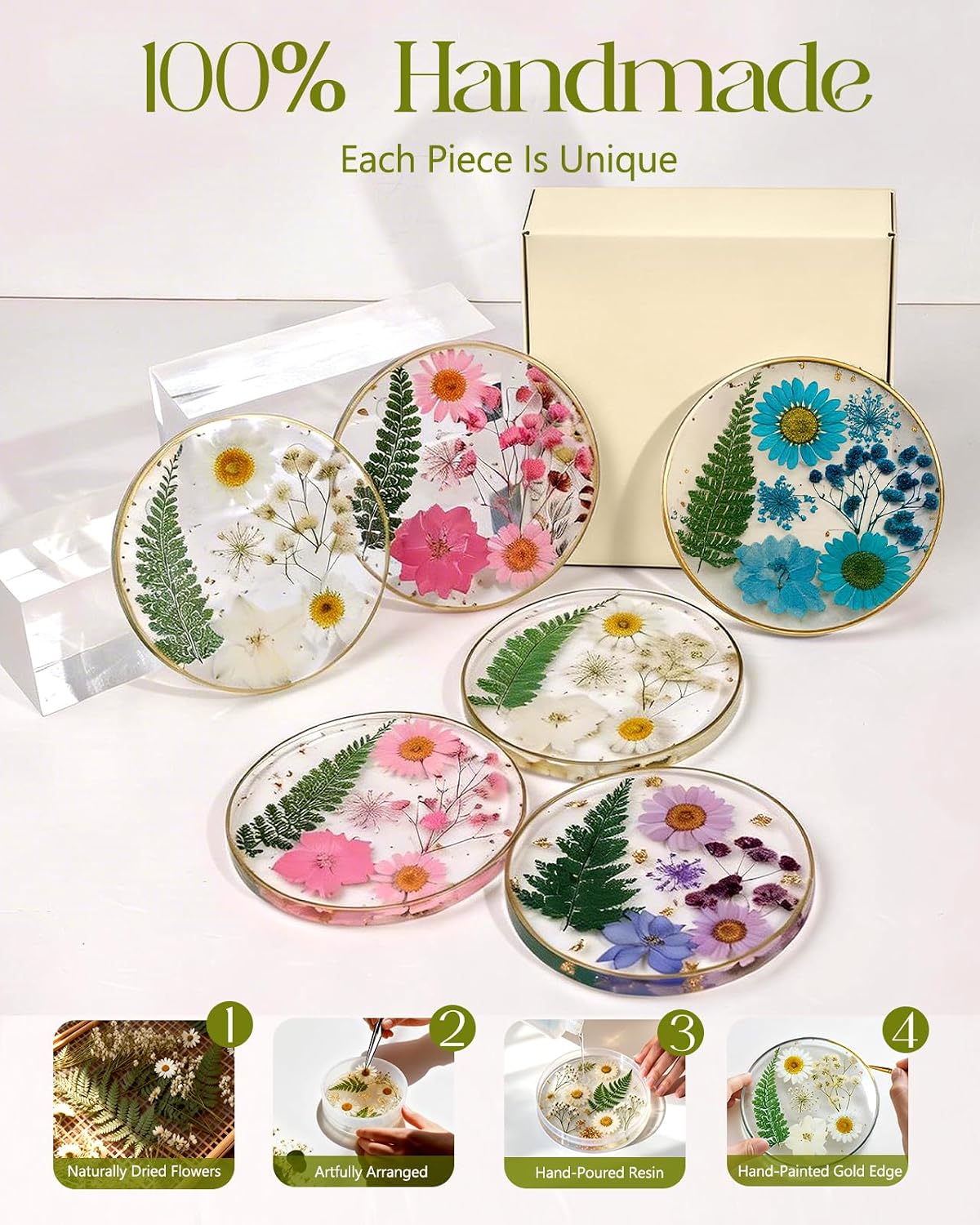 Resin Drink Coasters for Desk Coffee Table-Pink&White Dried Flowers Round Shape Cup Coasters Set of 2 for Office Home Outdoor Decor Gifts for Girls Women
