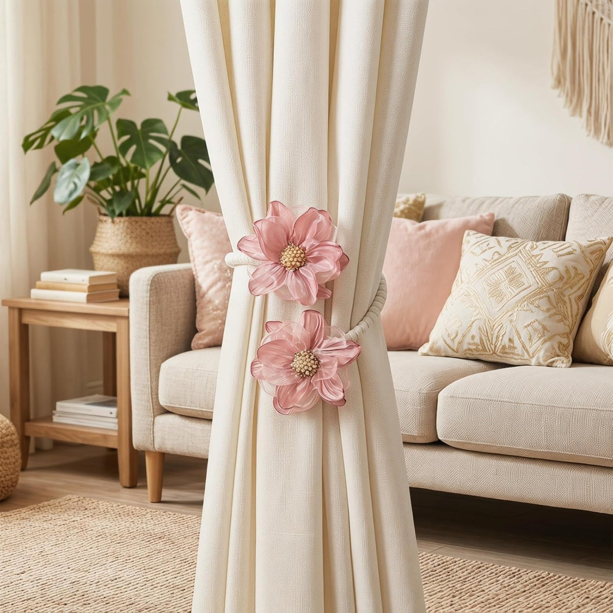 2 Pack Boho Flower Curtain Ties, Curtain Tieback Rope for Home&Office Decor