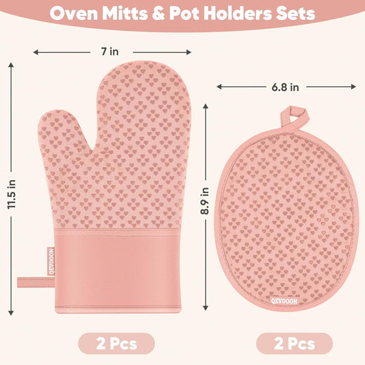 Oven Mitts and Pot Holders 4 Sets, Heat Resistant 500 ℉ Oven Mitt and Pot Holder,Oven Glove&Potholders with Non-Slip Silicone Surface,Kitchen Essentials for Cooking/Baking/BBQ-Pink