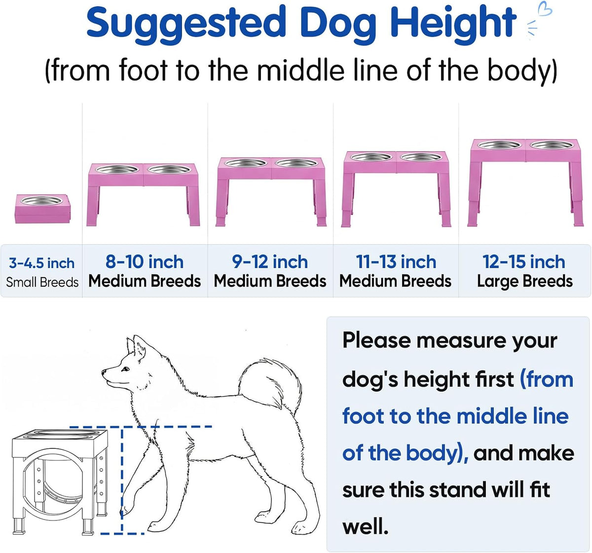 XIAZ Elevated Dog Bowls Large Breed Raised Dogs Bowl Stand Large/Medium Sized Dog Stainless Steel Food Water Bowl Stands 5 Heights Adjustable 9/11/12/14in Pet Feeder Dish Station